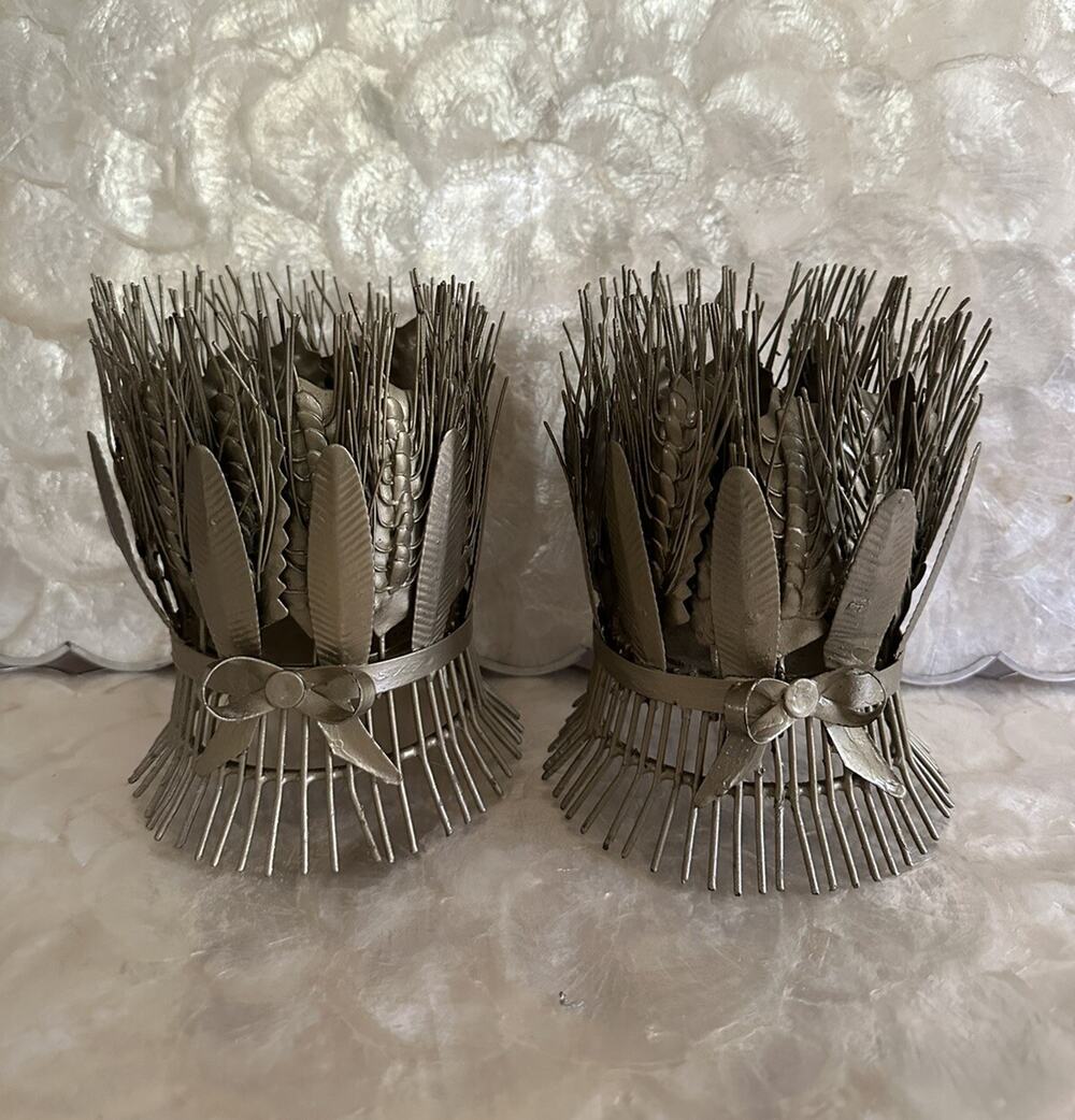 Vintage Metal Wired Farmhouse Wheat Rustic Pillar 2 Pair Candle Holders MCM
